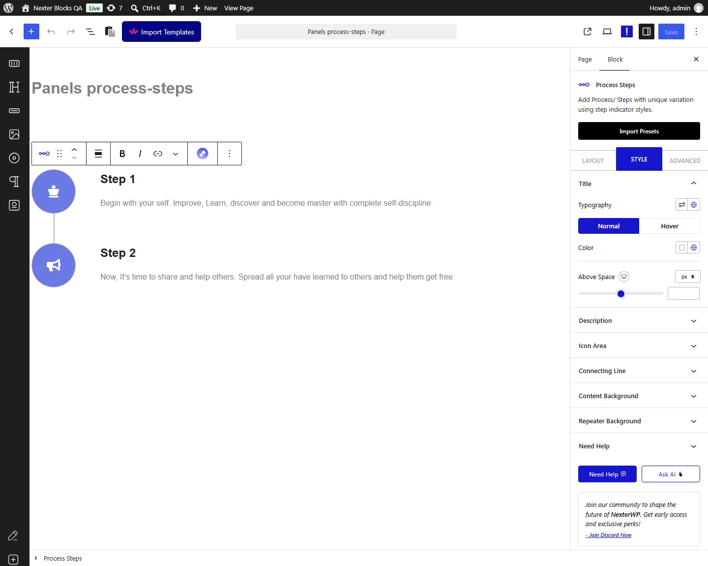 Process Steps block, Title panel in the Style tab