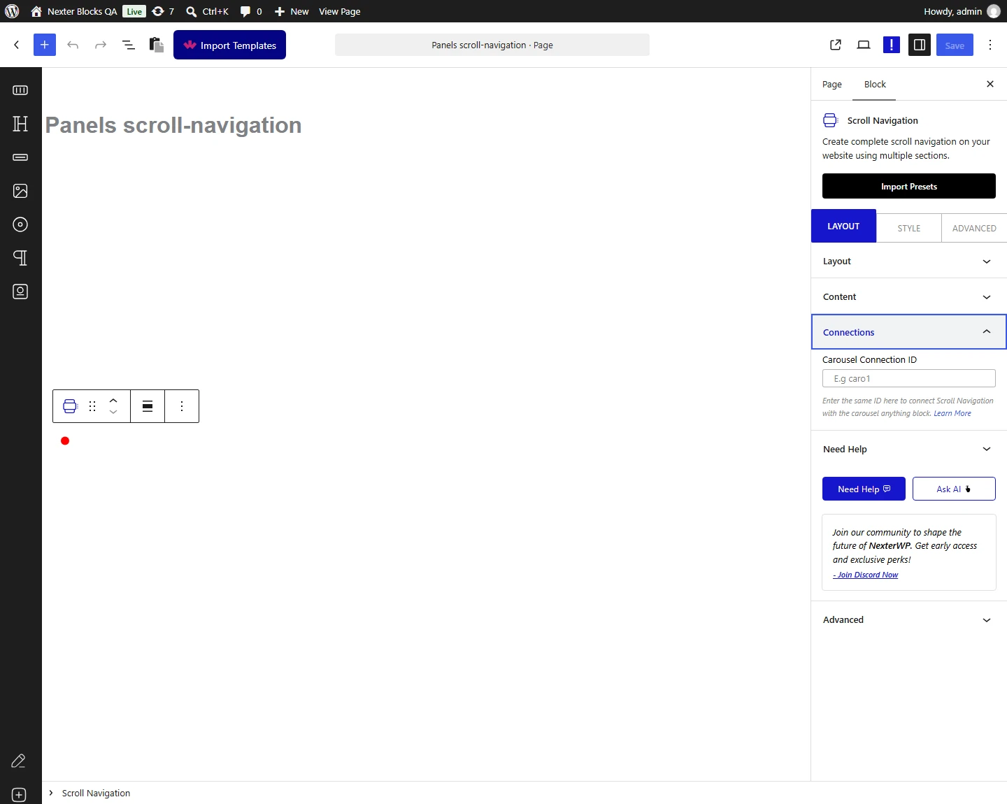 Scroll Navigation block, Connections panel in the Layout tab