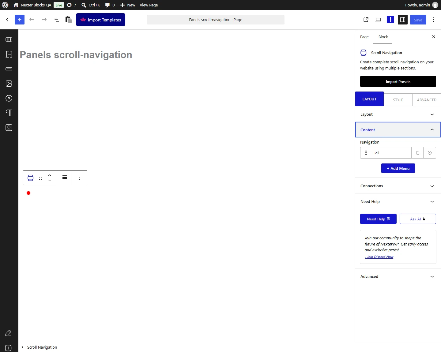 Scroll Navigation block, Content panel in the Layout tab