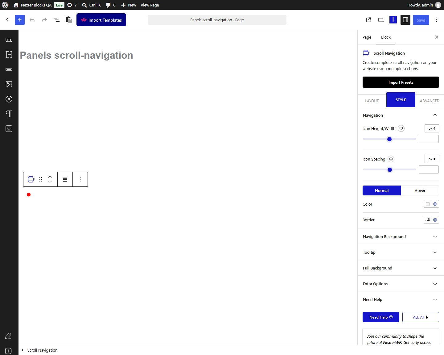 Scroll Navigation block, Navigation panel in the Style tab