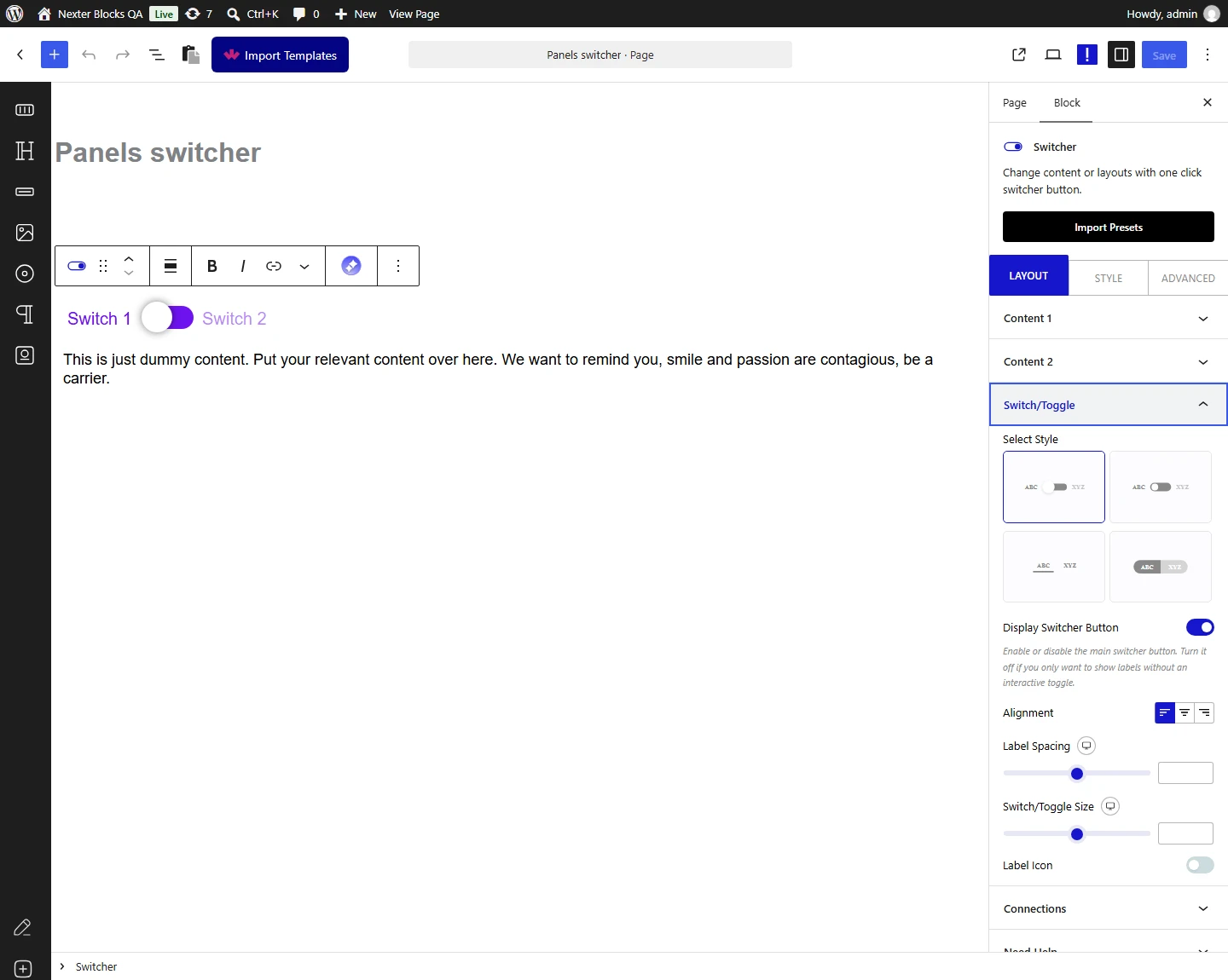 Switcher block, Switch Toggle panel in the Layout tab