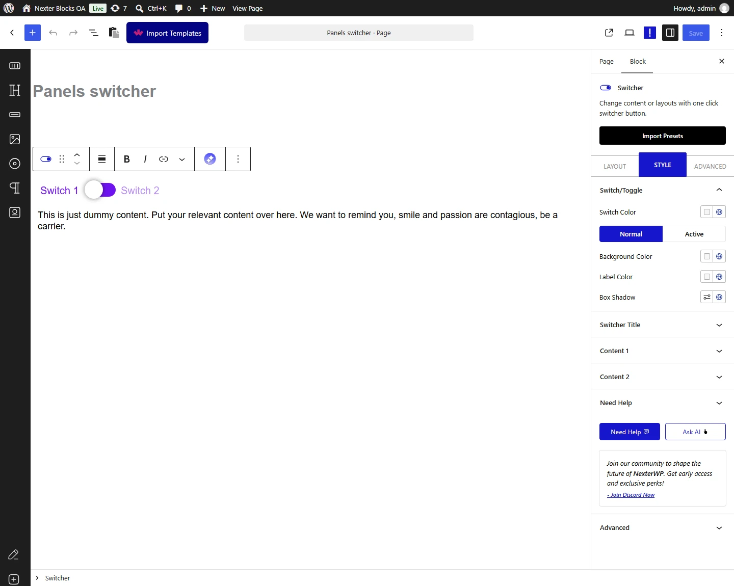 Switcher block, Switch Toggle panel in the Style tab