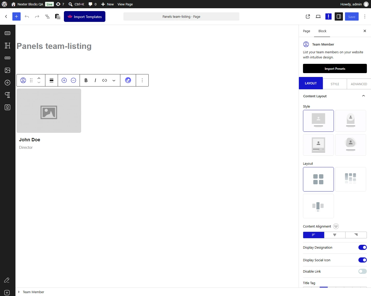 Team Listing block, Content Layout panel in the Layout tab