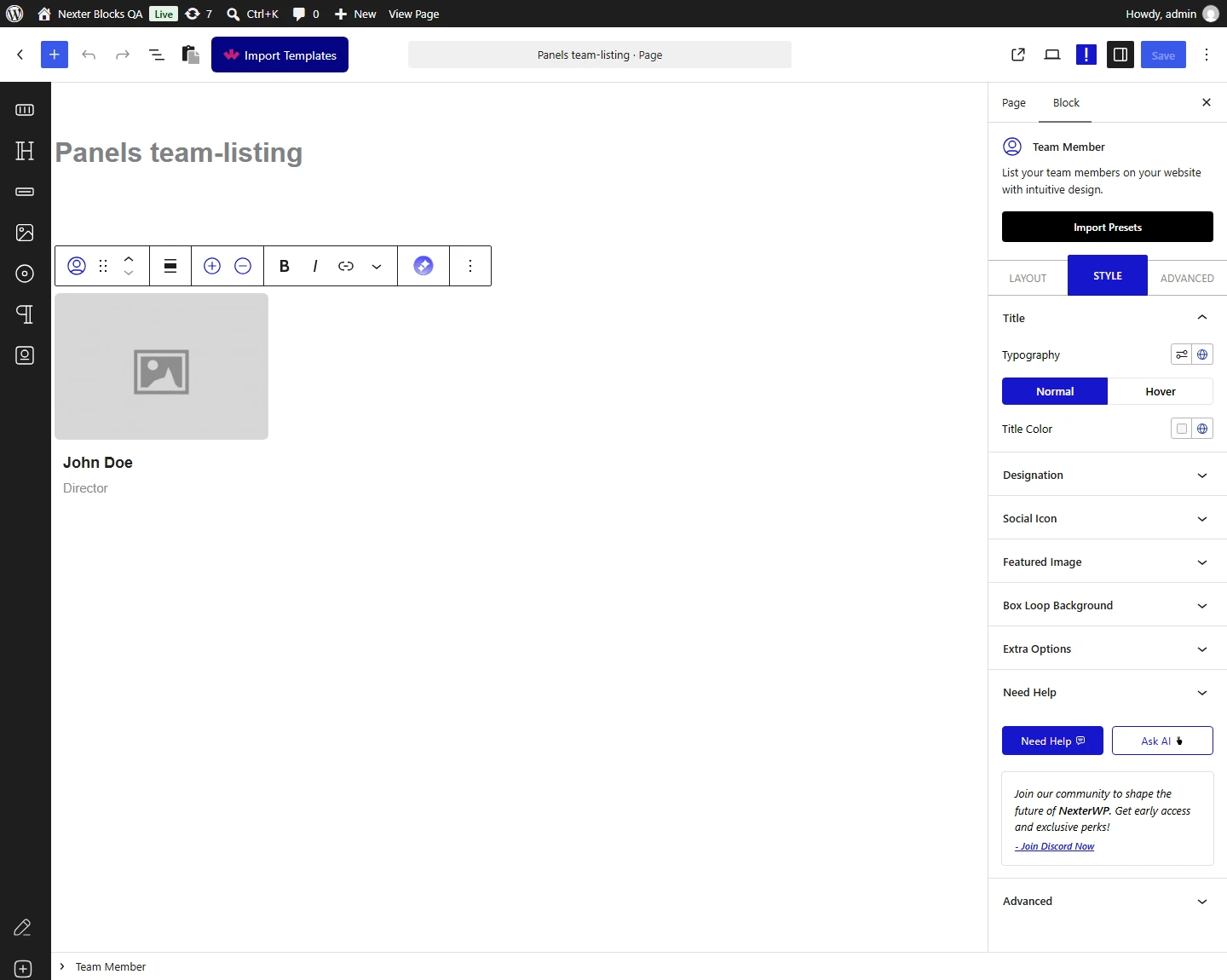 Team Listing block, Title panel in the Style tab