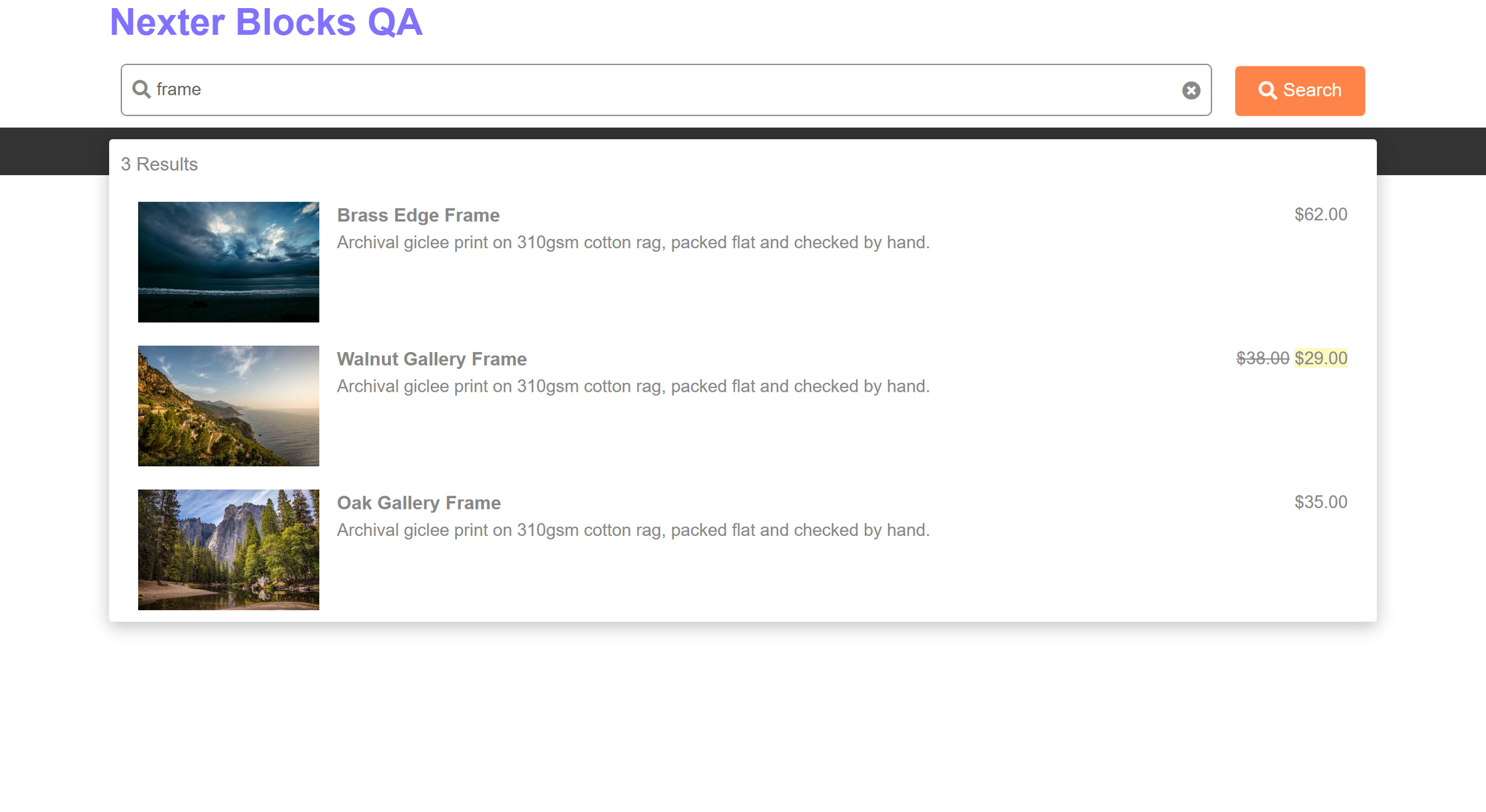 Live product results with thumbnails and prices