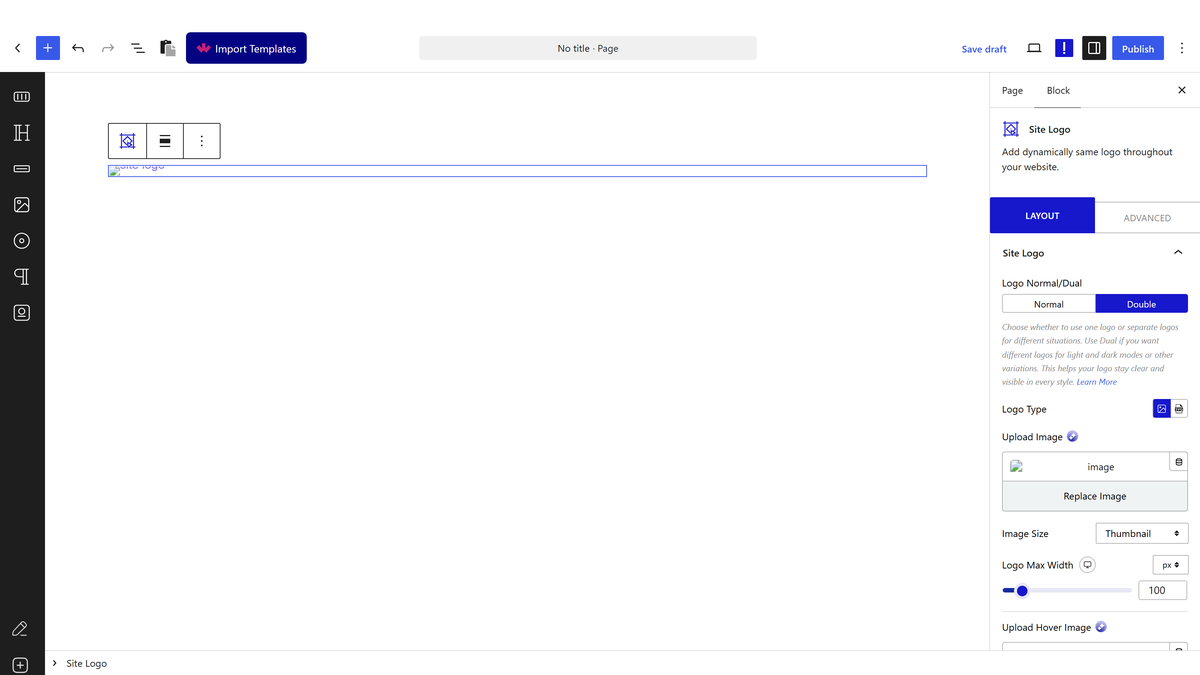 Selecting Double and uploading a normal and a hover logo in the Site Logo block