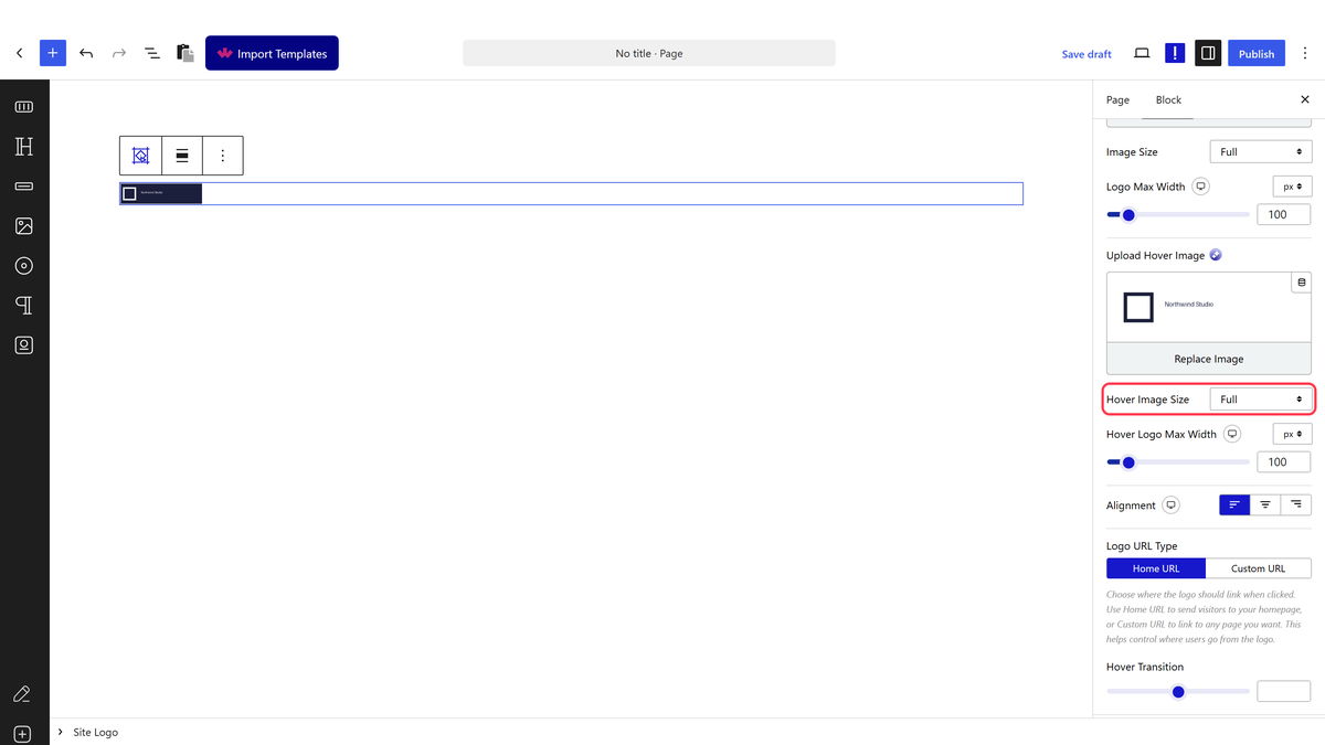 The Site Logo panel with Double selected and the hover logo fields