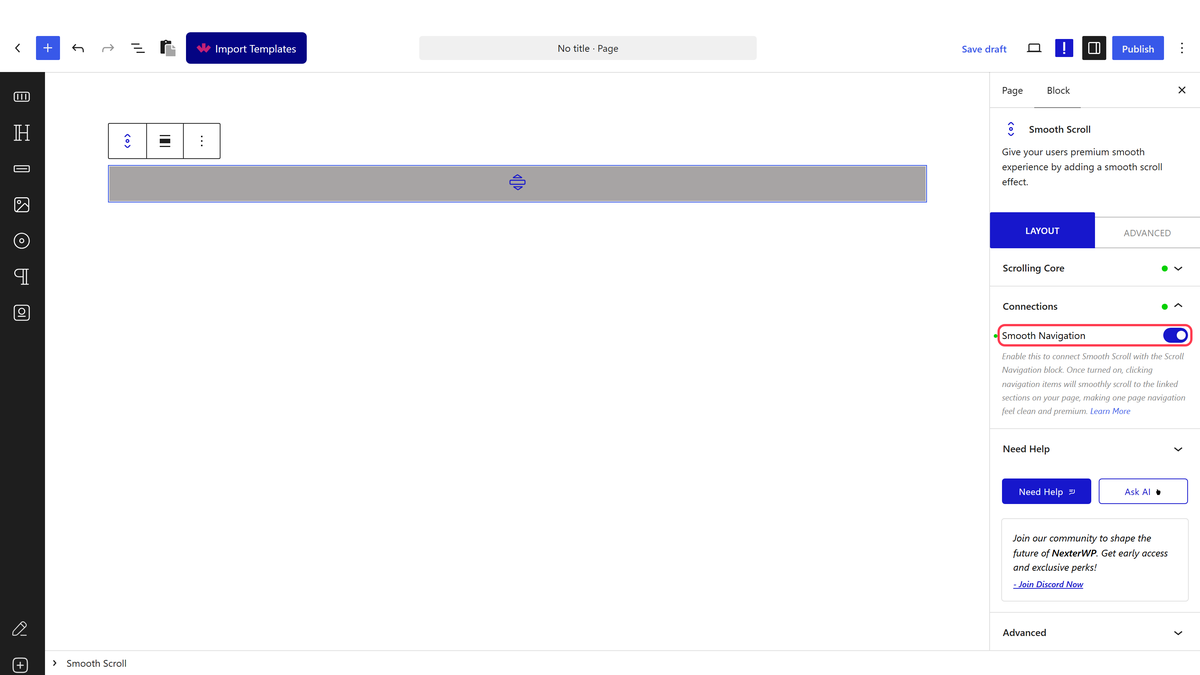 The Connections panel of Smooth Scroll with Smooth Navigation turned on