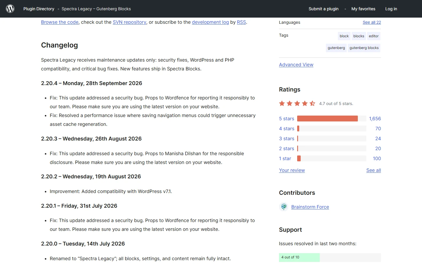 Spectra Legacy changelog on WordPress.org listing security fixes in versions 2.20.4, 2.20.3 and 2.20.1