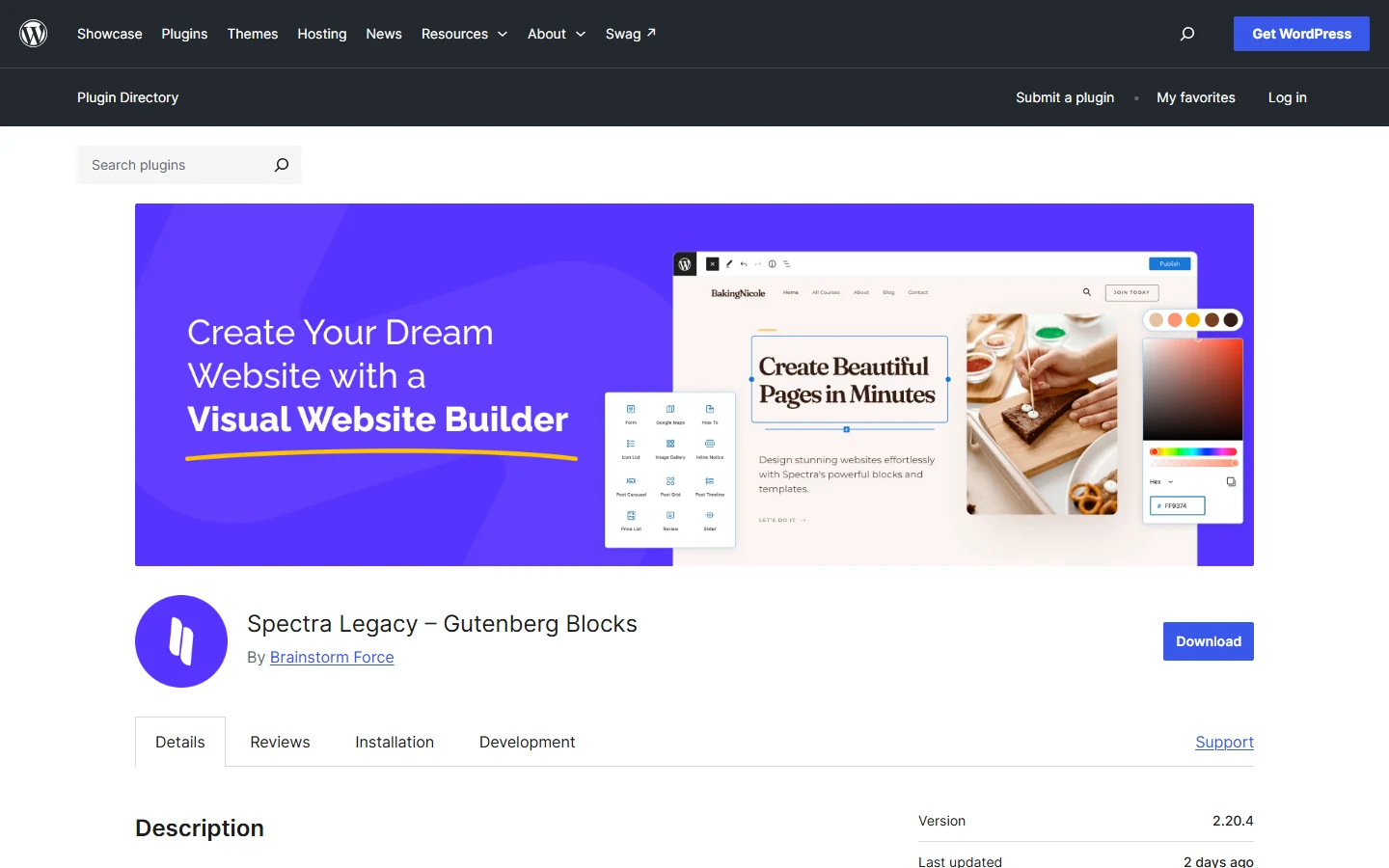 Spectra Legacy Gutenberg Blocks plugin page on WordPress.org by Brainstorm Force