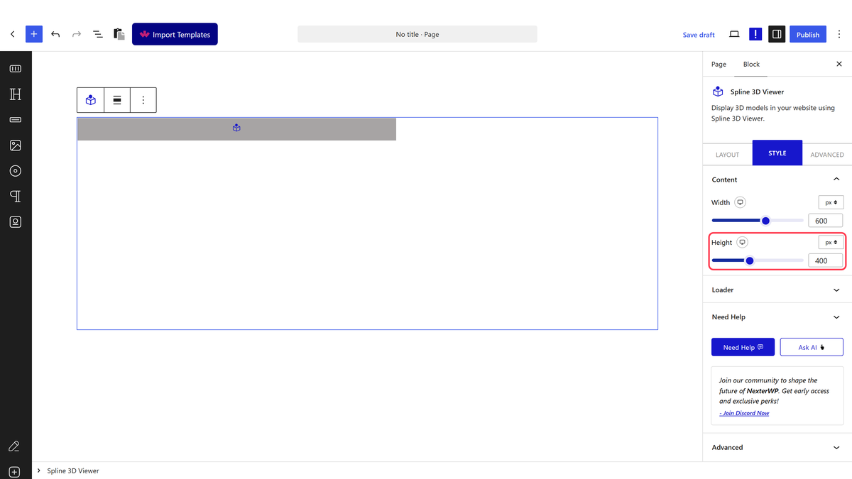 Width and Height on the Style tab