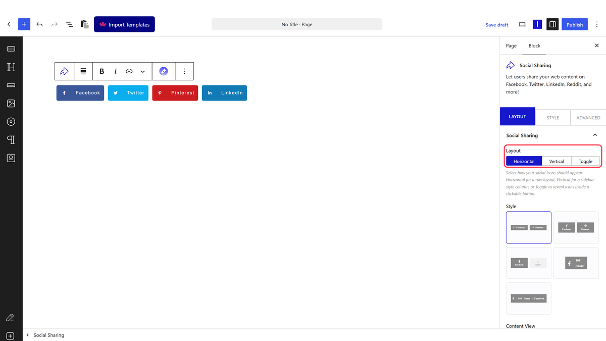 The Social Sharing block set to vertical layout