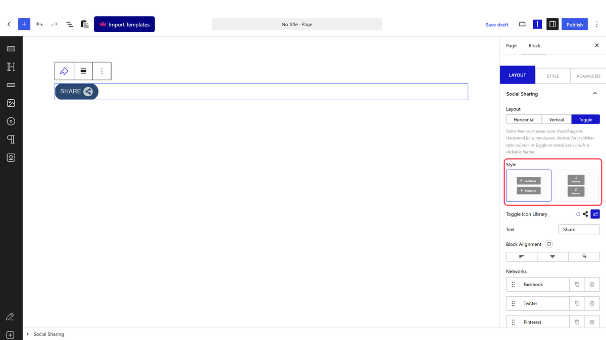 The Social Sharing block set to toggle layout