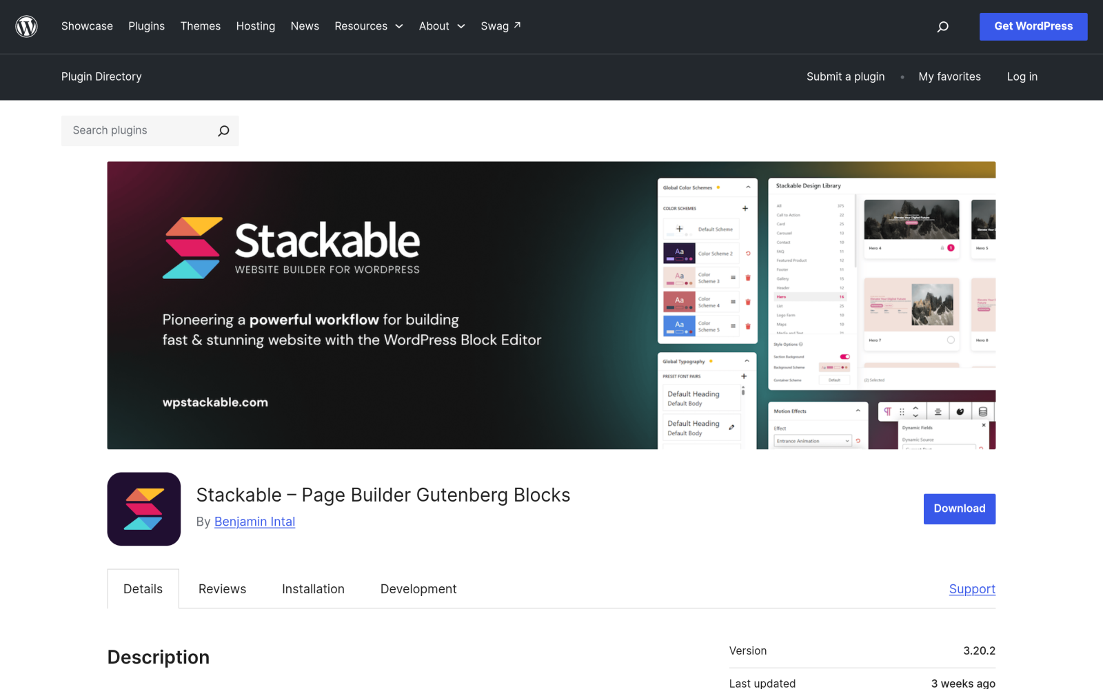 Stackable page builder Gutenberg blocks plugin page on WordPress.org