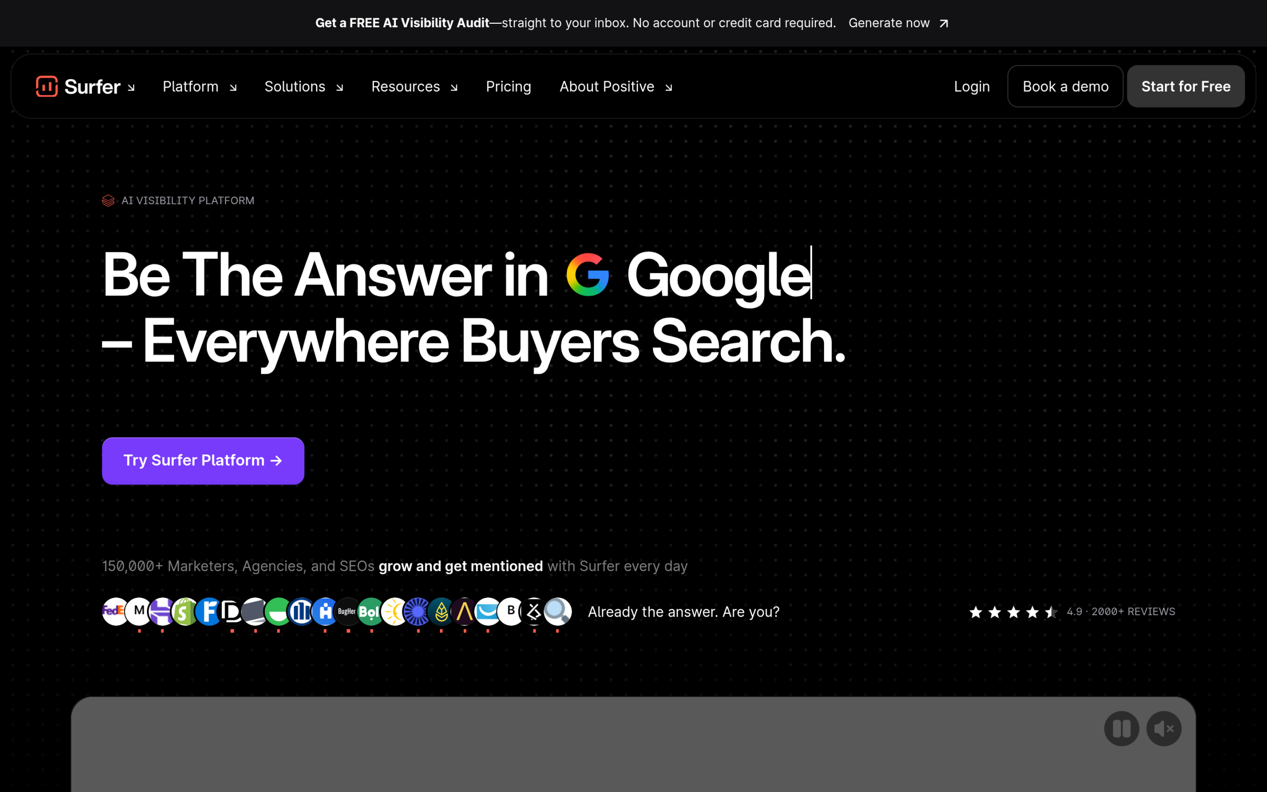 Surfer SEO homepage describing its AI search optimization platform