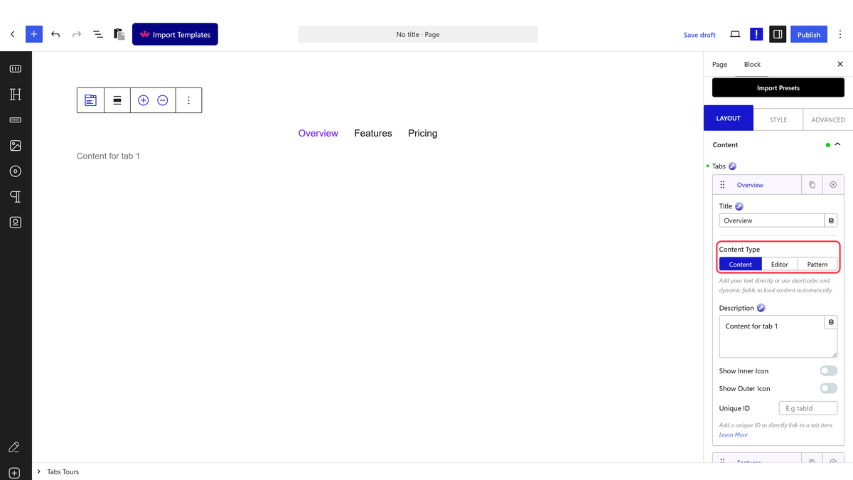The Content Type setting on a tab