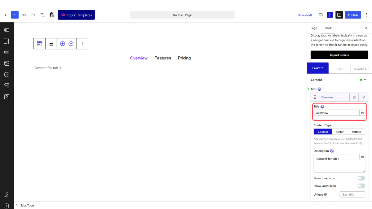The Tabs repeater with a tab's Title field