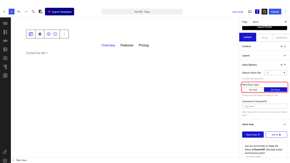 The Extra Options panel with Default Active Tab and Tabs/Tours Type