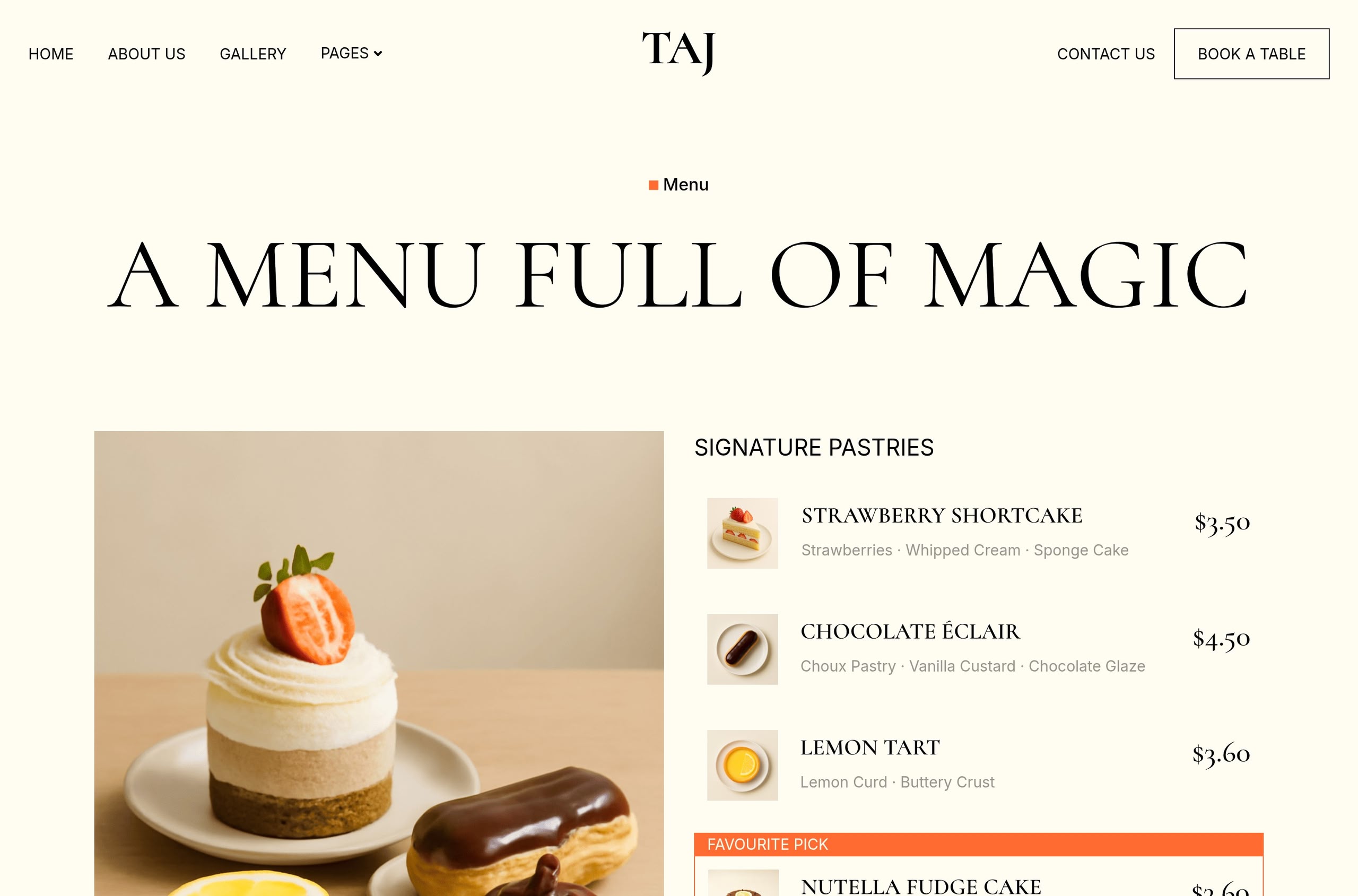 Real bakery menu page with categorized items and prices, an example of the Pricing Table style layout
