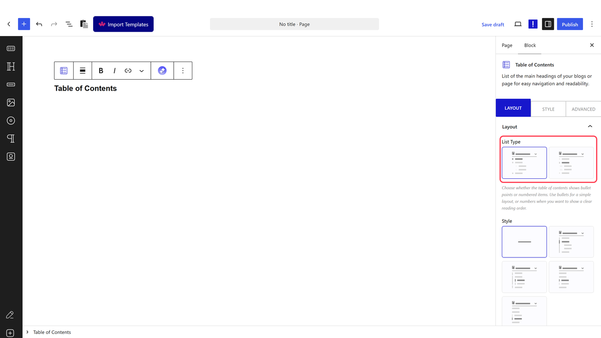 The List Type setting with UL and OL