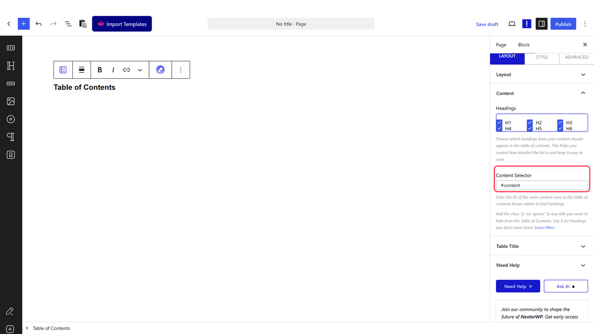 The Content panel with the heading switches and Content Selector