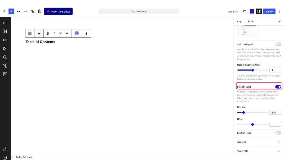 The Smooth Scroll toggle with Duration and Offset