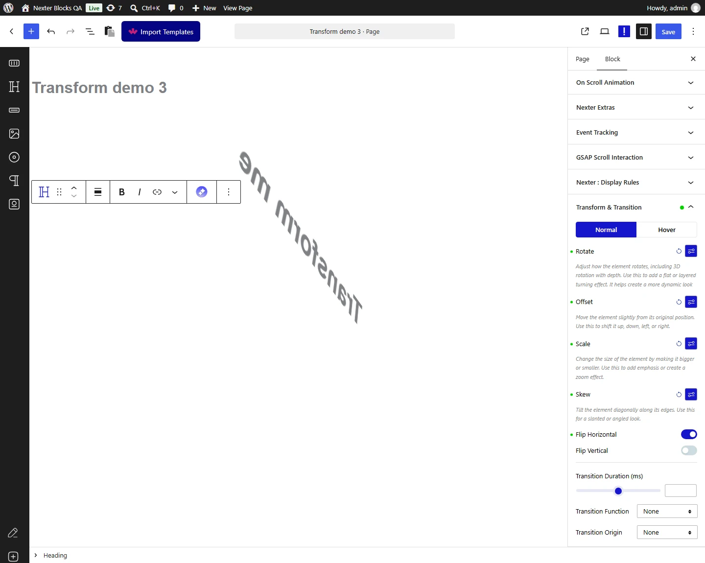 Nexter Blocks Advanced tab, Transform & Transition panel: Flip Horizontal switched on and the heading mirrored in the editor canvas
