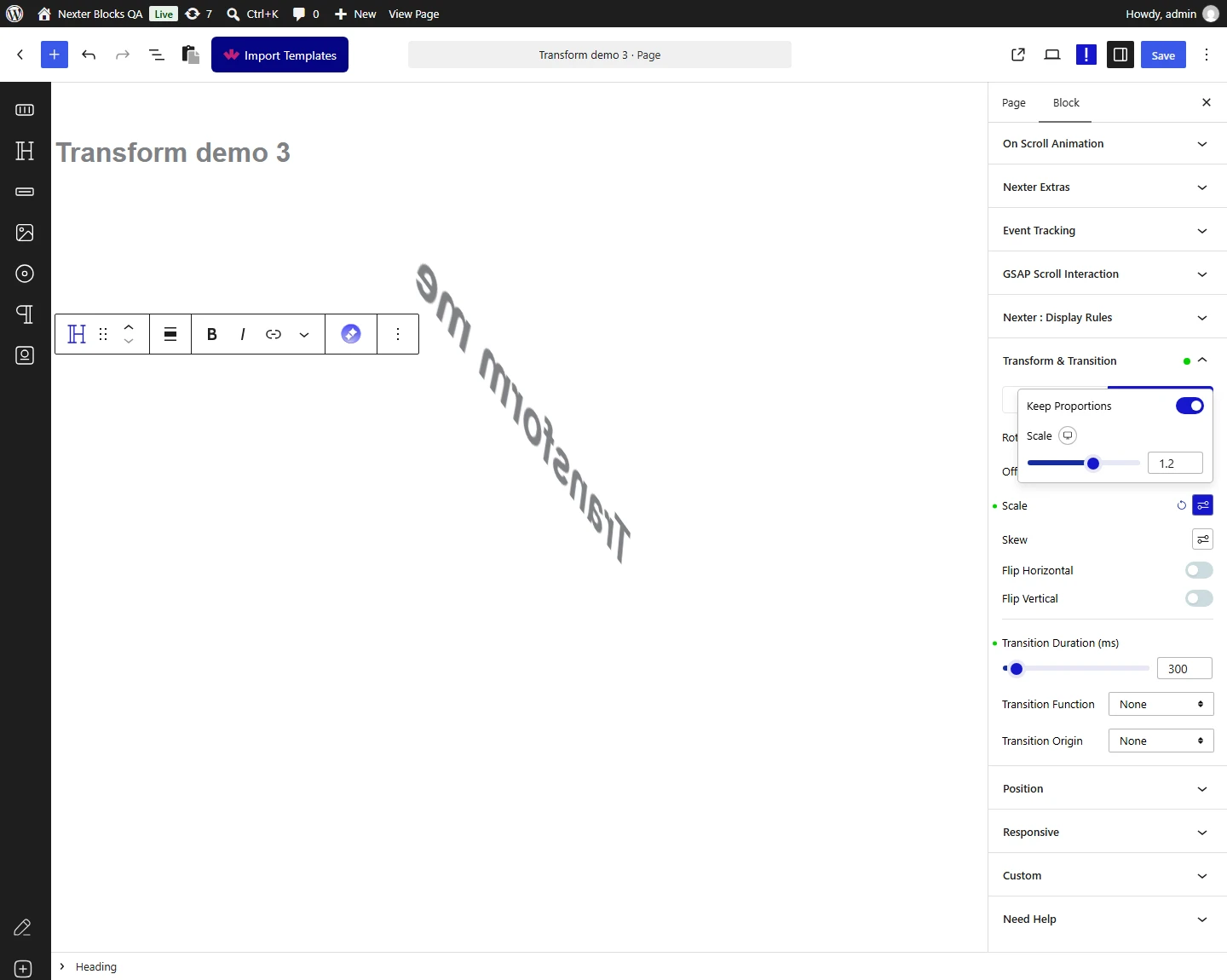 Nexter Blocks Advanced tab, Transform & Transition panel: the Hover tab with Scale 1.2 and Transition Duration 300 ms