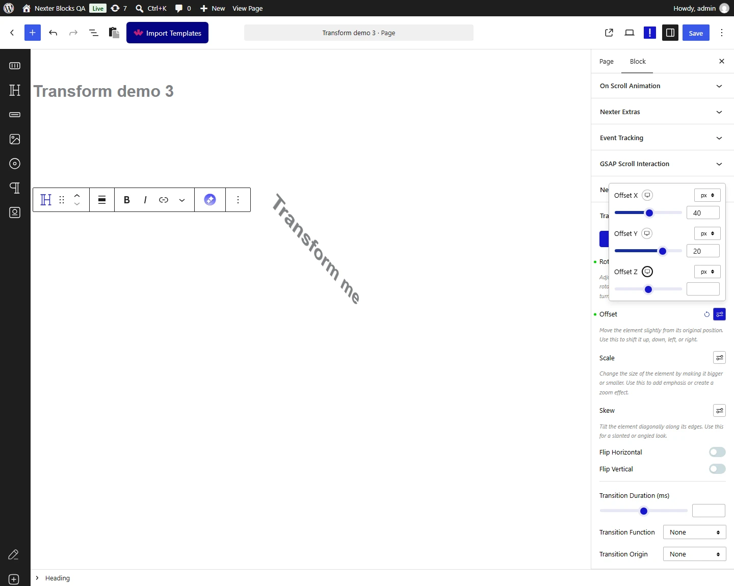 Nexter Blocks Advanced tab, Transform & Transition panel: the Offset popover with Offset X 40 px and Offset Y 20 px