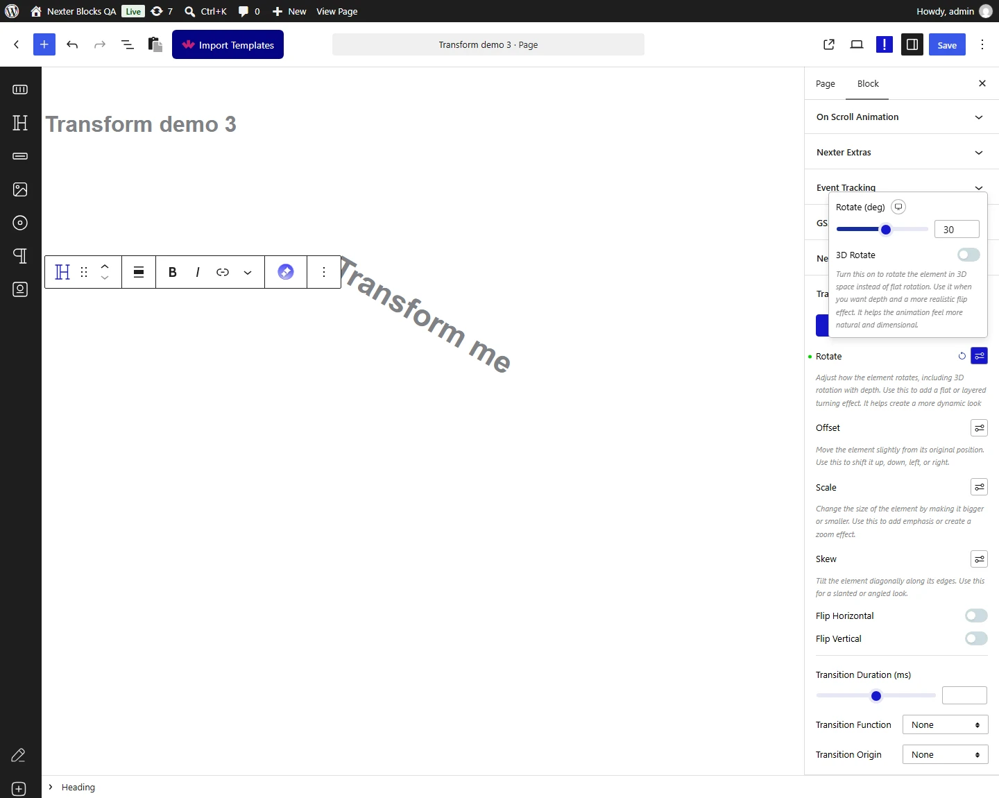 Nexter Blocks Advanced tab, Transform & Transition panel: the Rotate popover with Rotate (deg) set to 30 and the 3D Rotate toggle off