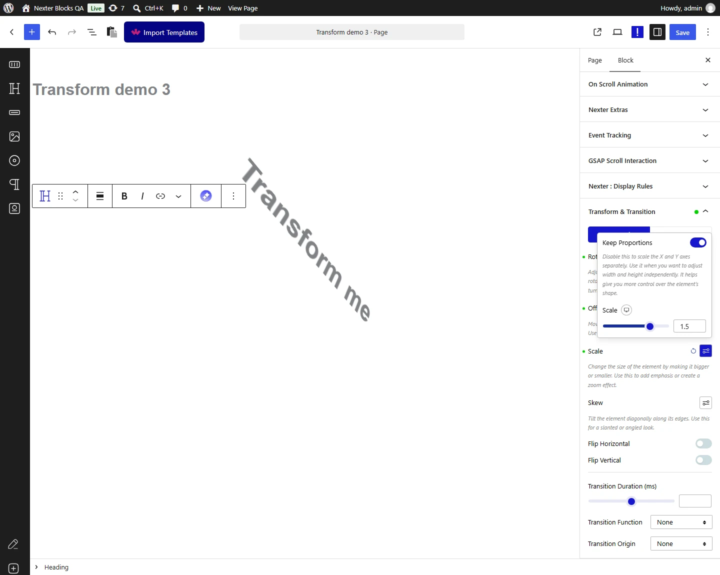 Nexter Blocks Advanced tab, Transform & Transition panel: the Scale popover with Keep Proportions on and Scale 1.5