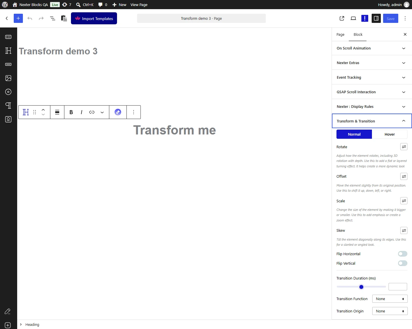 Nexter Blocks Advanced tab, Transform & Transition panel: the Normal and Hover tabs with Rotate, Offset, Scale and Skew, the Flip Horizontal and Flip Vertical toggles, and Transition Duration, Function and Origin