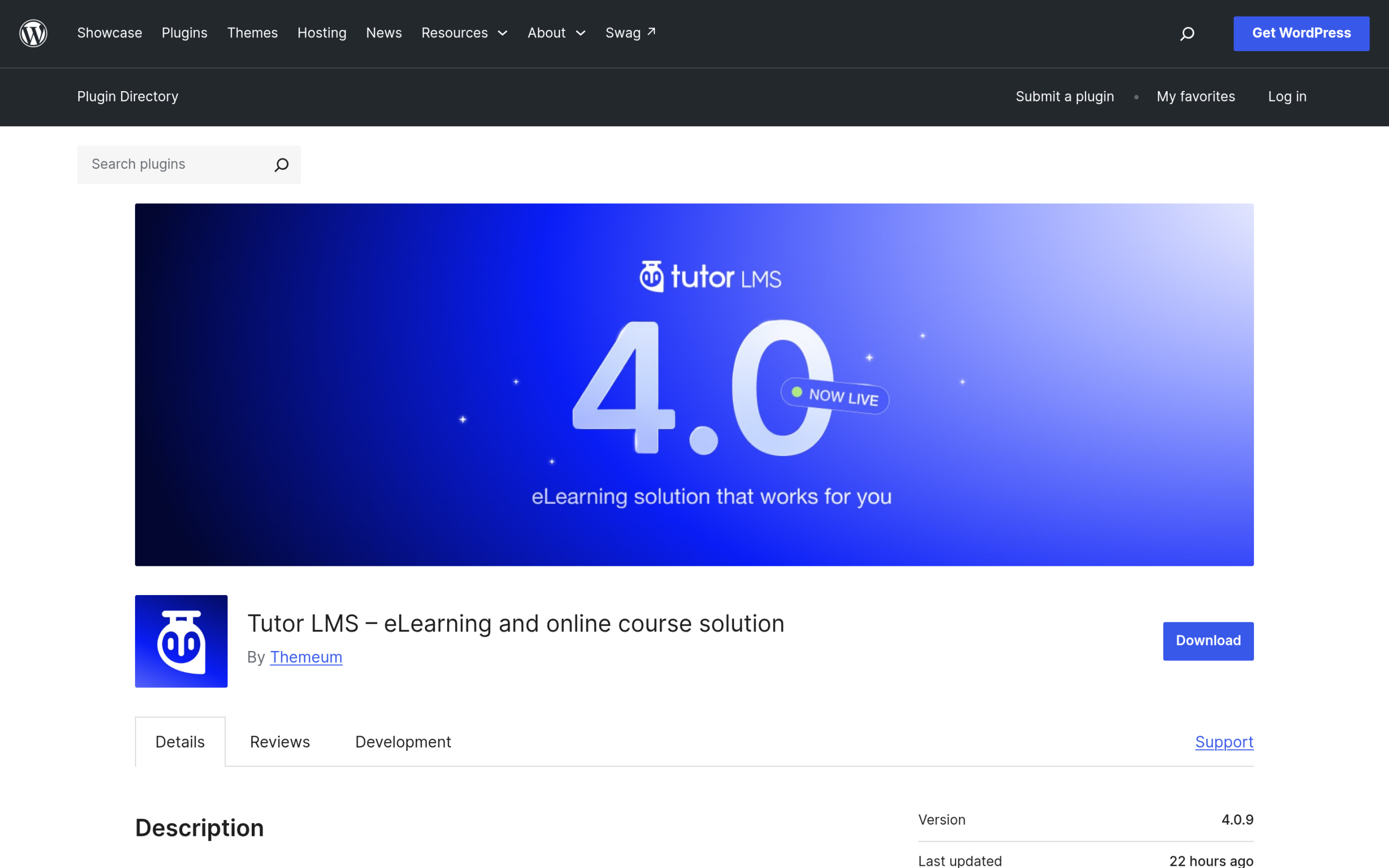Tutor LMS course and lesson plugin listing on WordPress.org