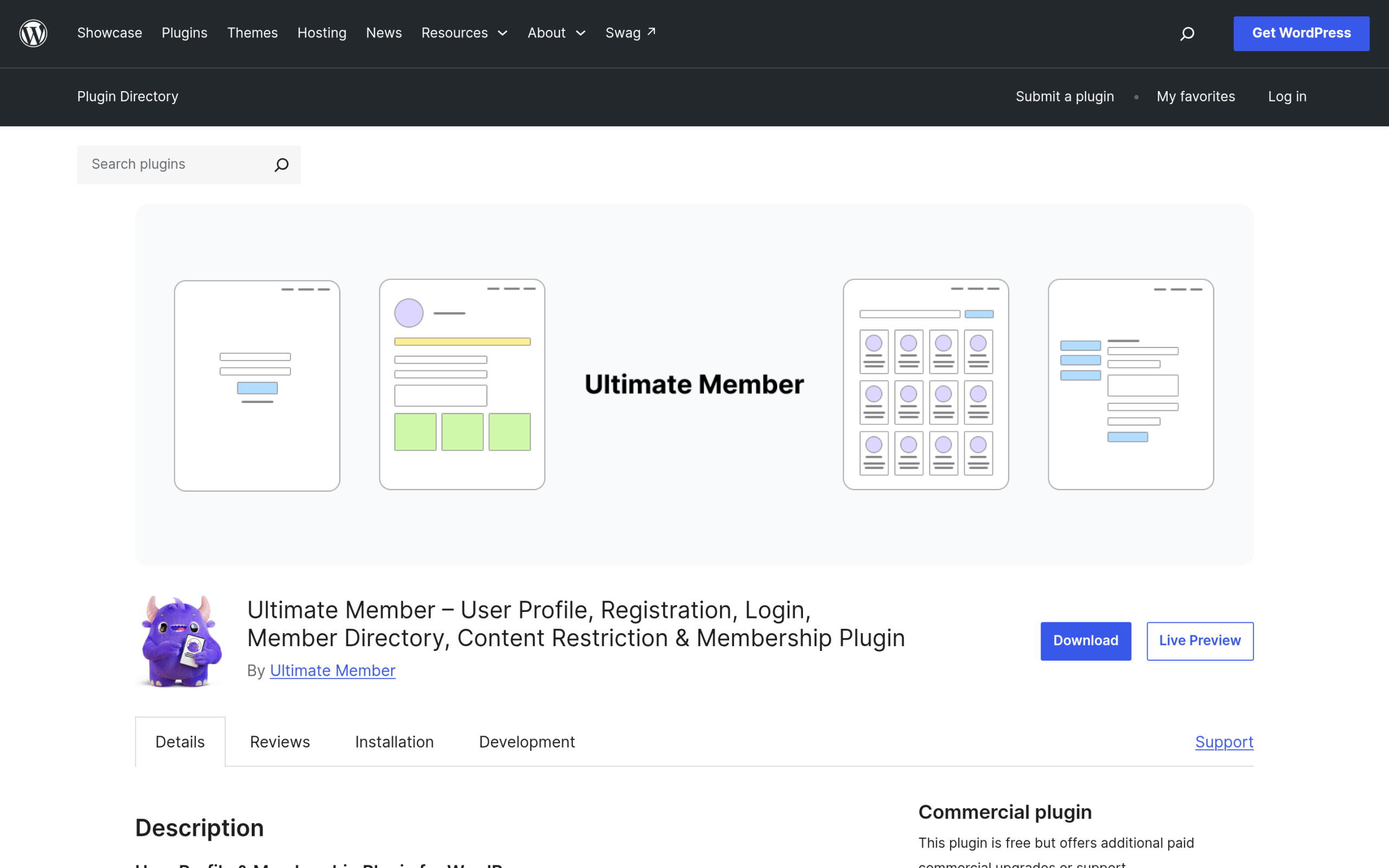 Ultimate Member membership and content restriction plugin listing on WordPress.org