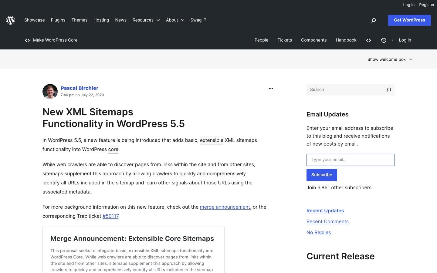 The WordPress core development post announcing XML sitemaps functionality in WordPress 5.5