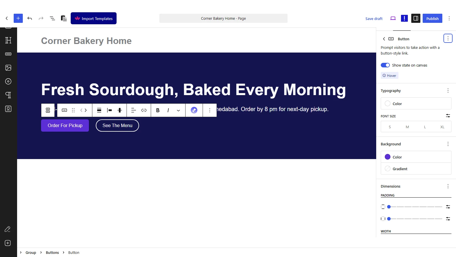 Button block in WordPress 7.1 editing the Hover state, with Show state on canvas turned on and a darker background color