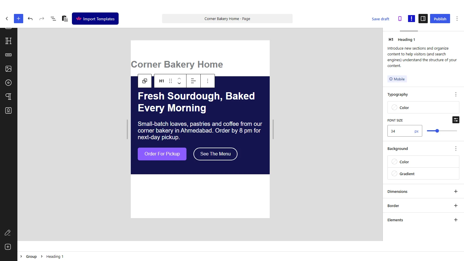 Heading block in the WordPress 7.1 editor at mobile width with a 34px font size and the Mobile badge in the sidebar
