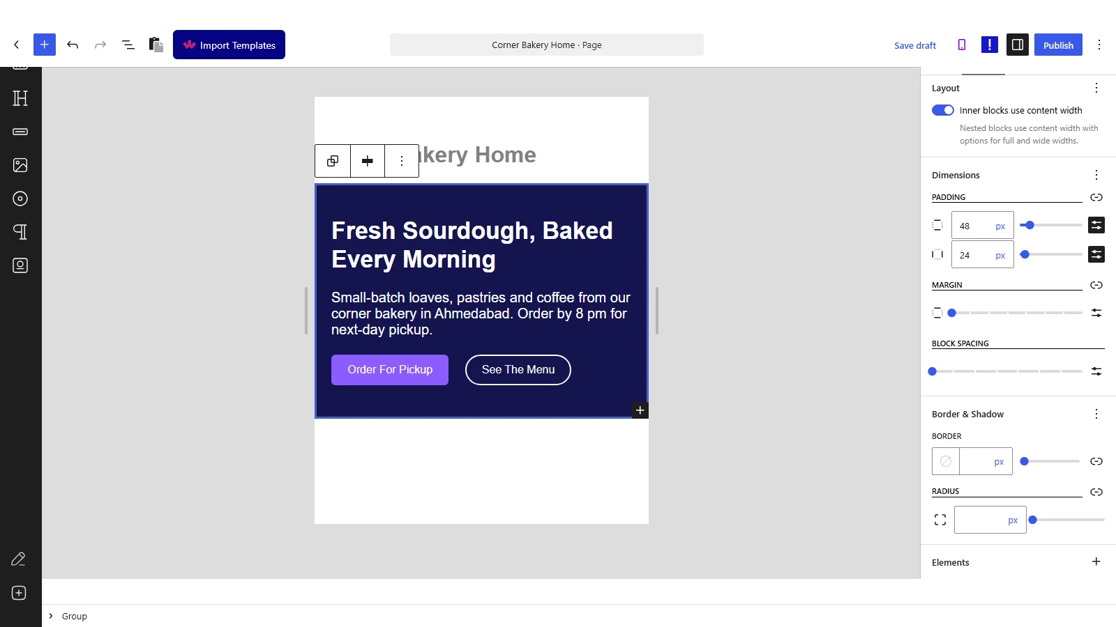 Group block Dimensions panel at mobile width in WordPress 7.1 with 48px vertical and 24px horizontal padding