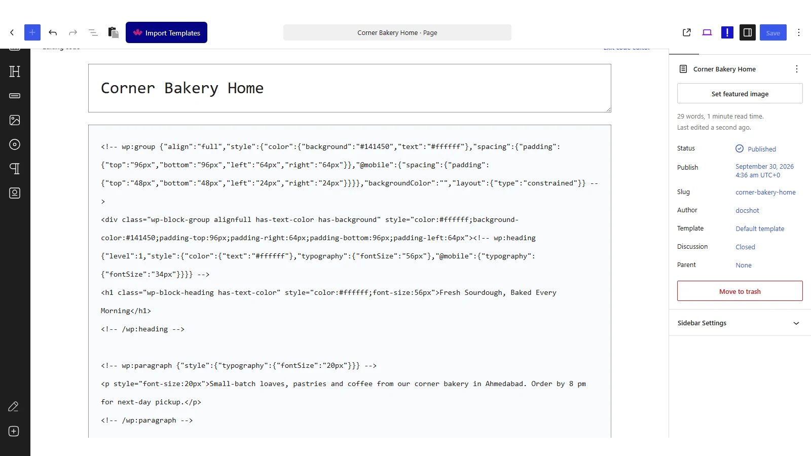 WordPress code editor showing block markup with @mobile padding and @mobile font size values inside the style attribute