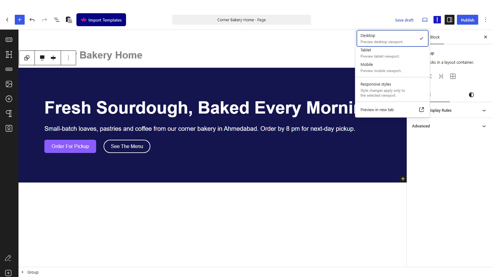 WordPress 7.1 editor View menu showing Desktop, Tablet and Mobile previews and the Responsive styles toggle