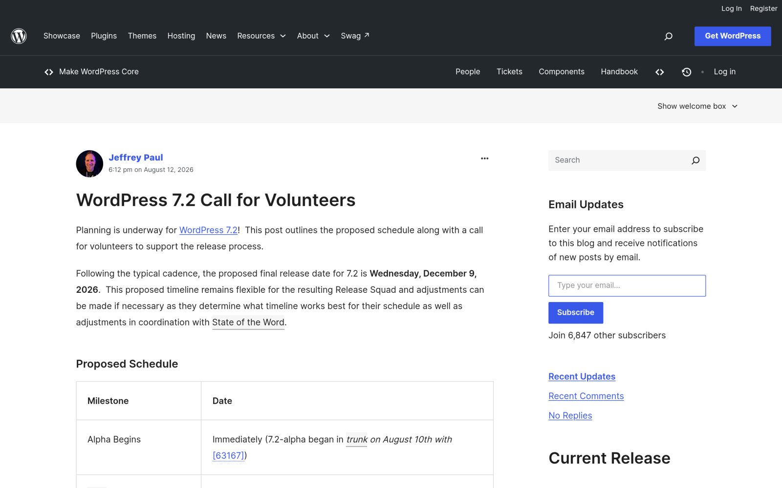 WordPress 7.2 Call for Volunteers post showing the proposed December 9, 2026 release date