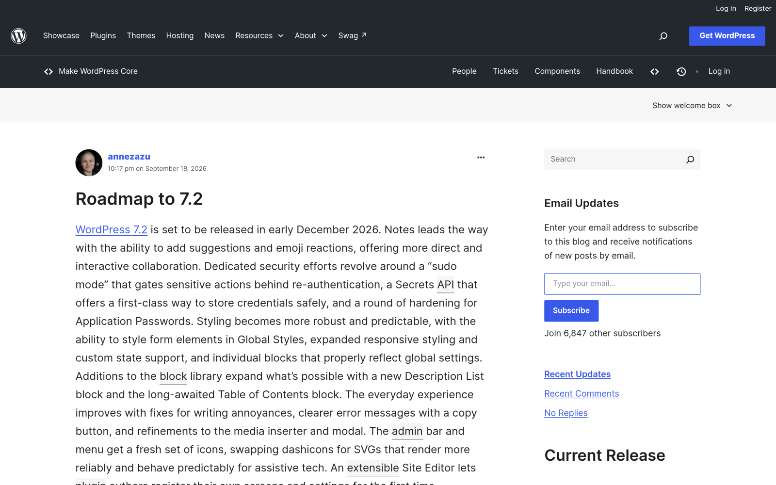 Roadmap to 7.2 post on Make WordPress Core, published September 18, 2026