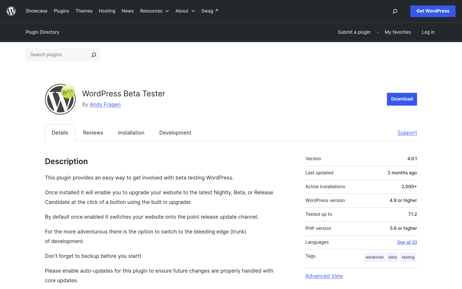 WordPress Beta Tester plugin page on WordPress.org