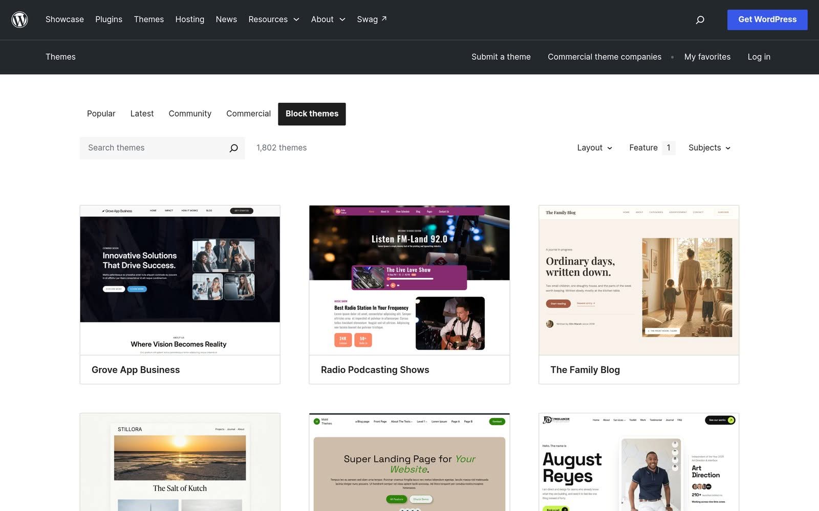 The WordPress.org theme directory filtered to full site editing block themes