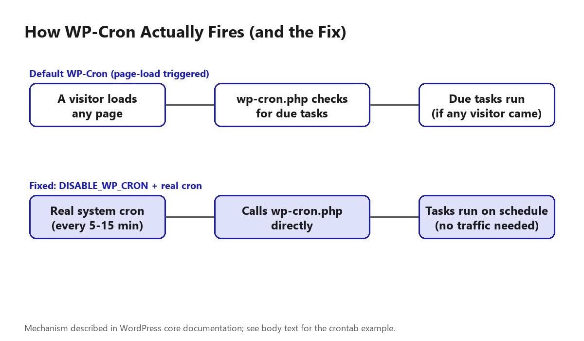 Flow diagram showing the default page-load-triggered WP-Cron versus a fixed real system cron