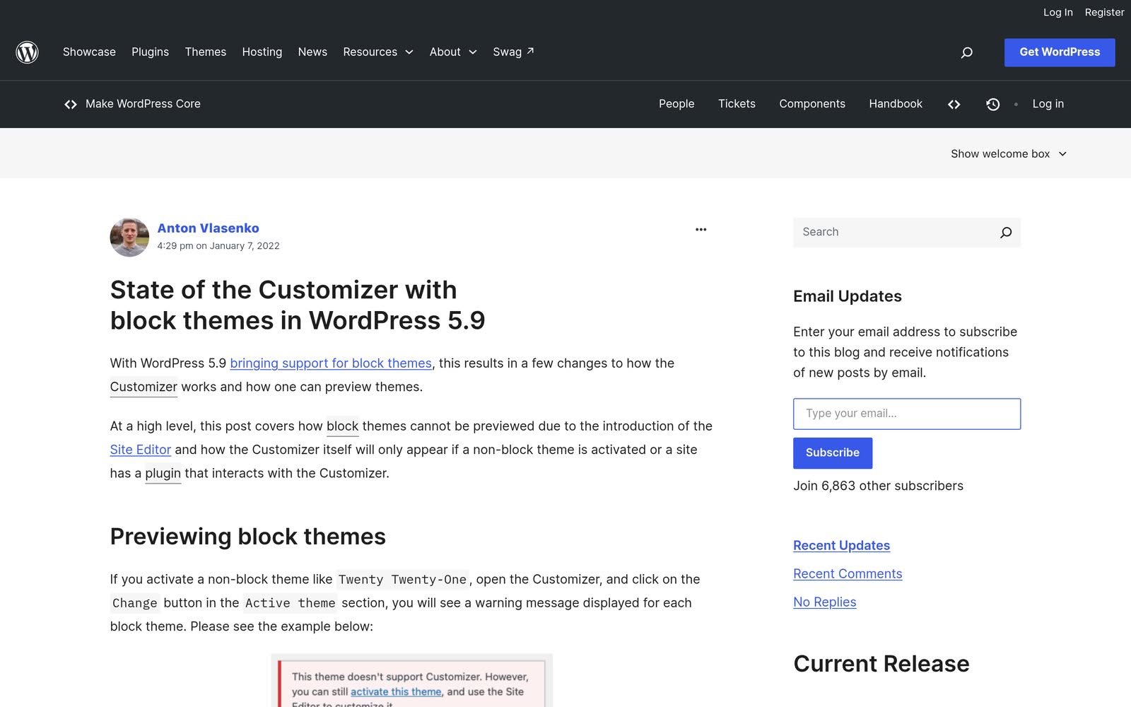 The Make WordPress Core post explaining the state of the Customizer with block themes in WordPress 5.9