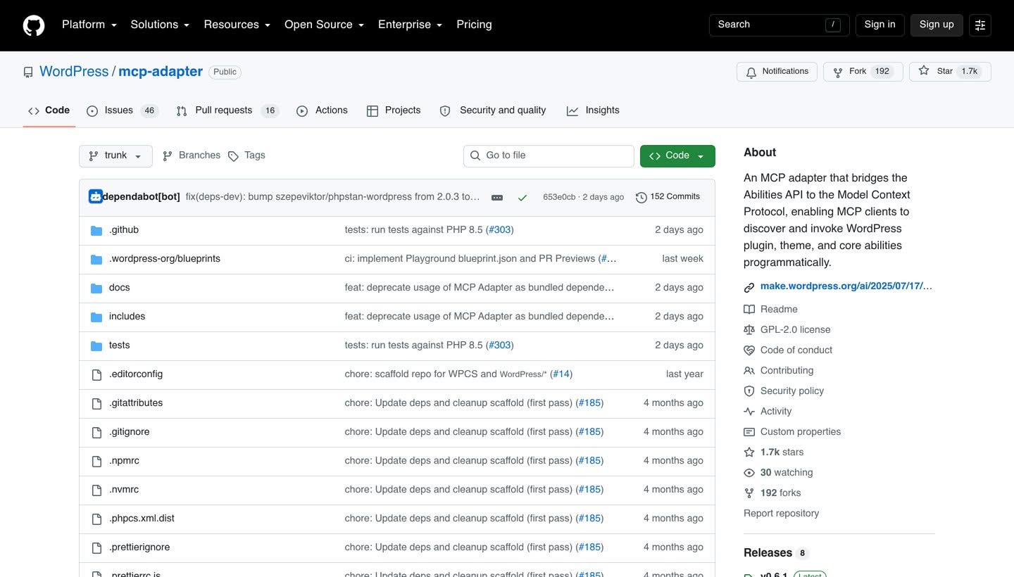 The WordPress MCP Adapter repository on GitHub, the official package that bridges the Abilities API to the Model Context Protocol