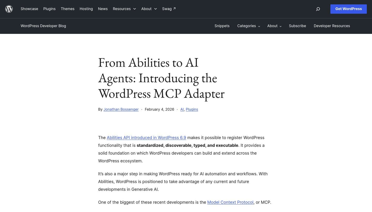The official WordPress developer blog post introducing the MCP Adapter, including its security guidance on permission callbacks and dedicated users
