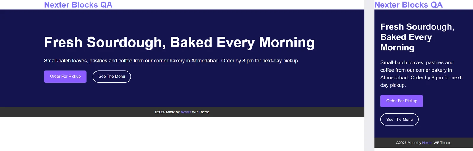 The bakery hero section on the front end at desktop width and at phone width, with a smaller headline and tighter padding on the phone