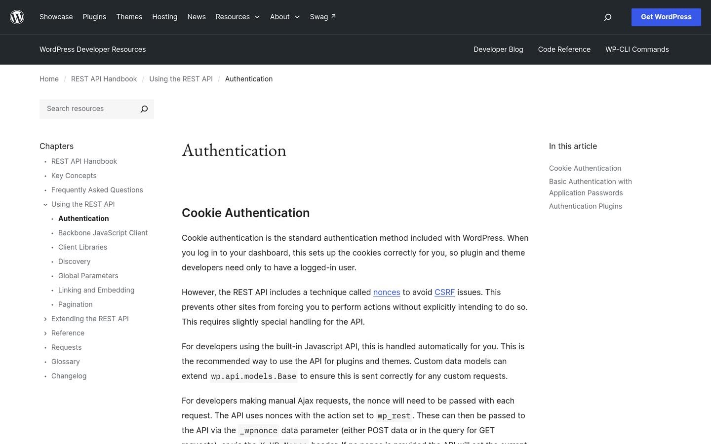 The WordPress REST API handbook page listing cookie authentication, Application Passwords and authentication plugins